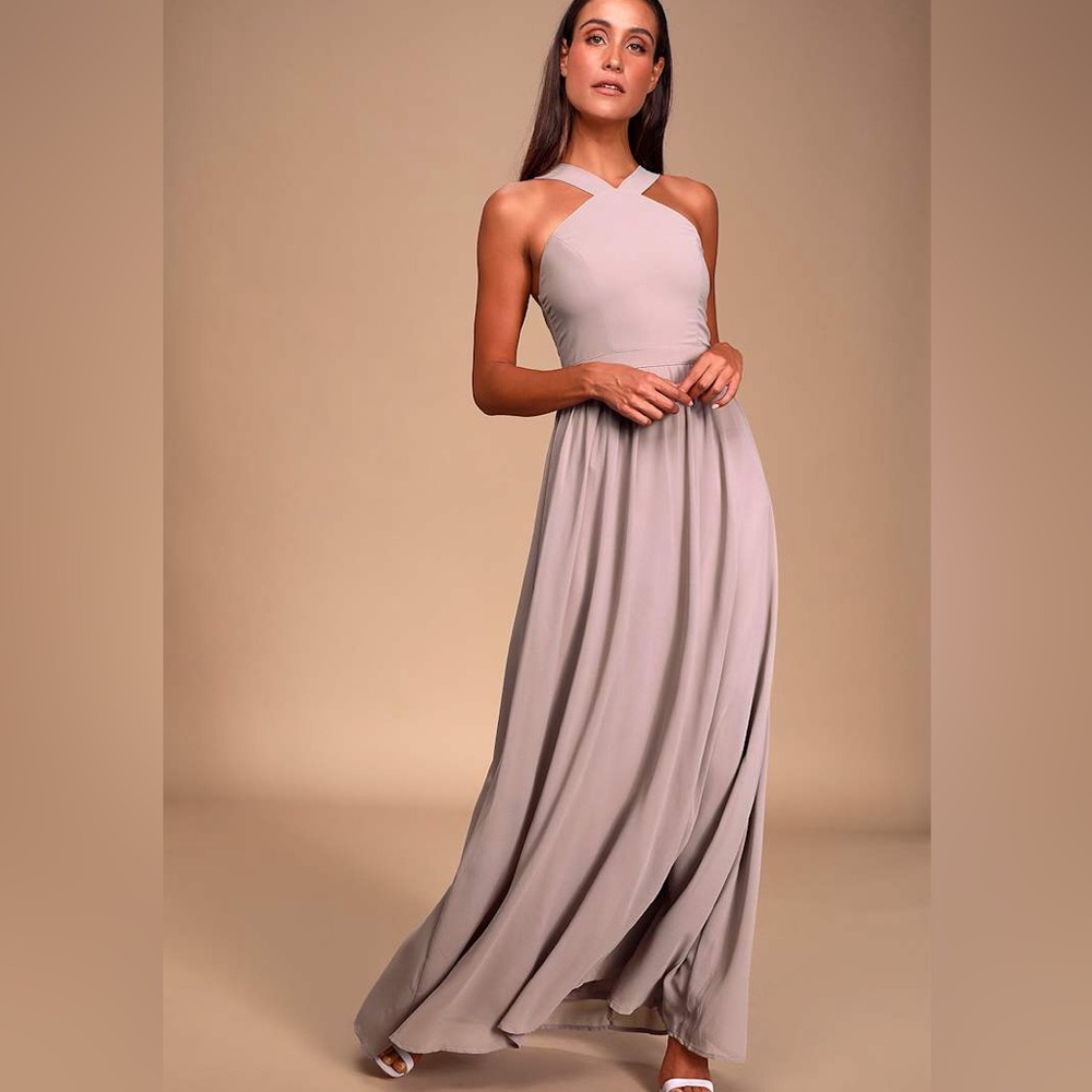 NWT Lulus Air of Romance Taupe Maxi Dress